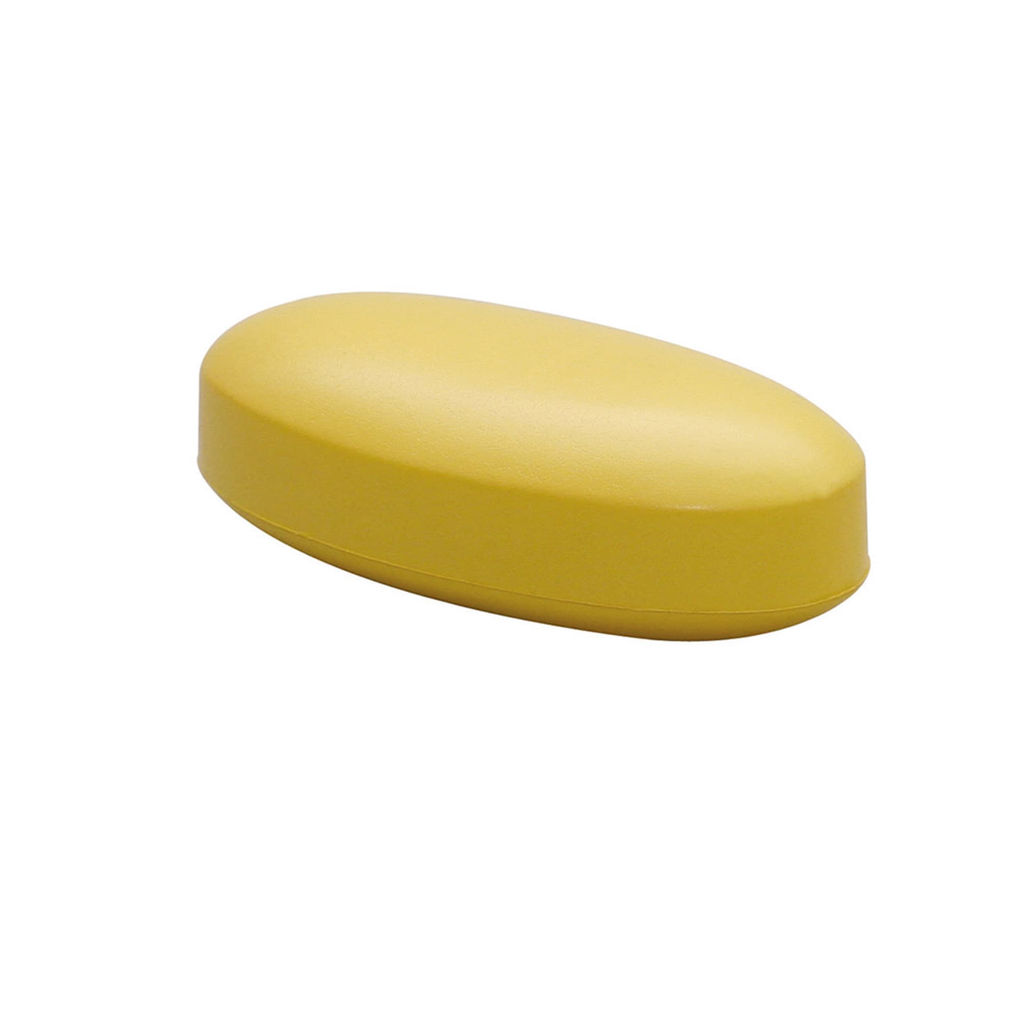A yellow stress pill-shaped toy with a smooth surface and a rounded design. It features a logo on one side. Stress Pill – Yellow - Image 1