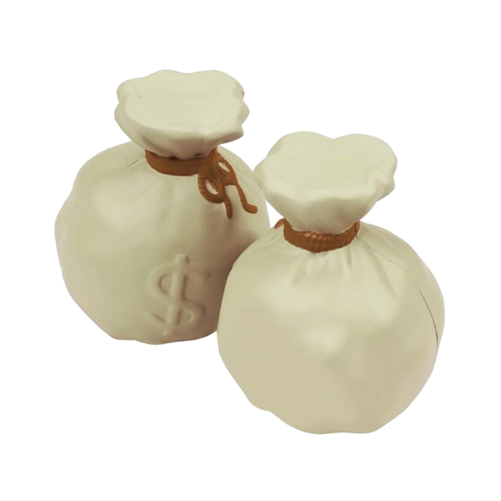 Two cream-coloured stress money bags with a tied top and a dollar sign design. They have a simple, soft texture. Stress Money Bag - Image 1