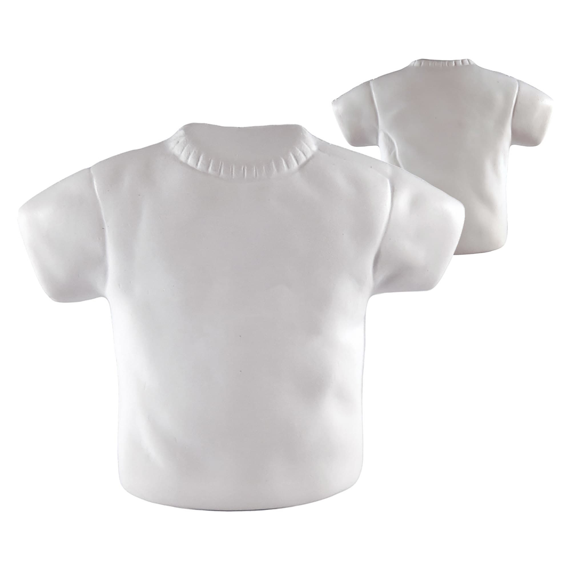A white stress T-shirt shaped stress reliever, displayed from two angles. It features a simple design and has a logo. Stress T-Shirt - Image 1