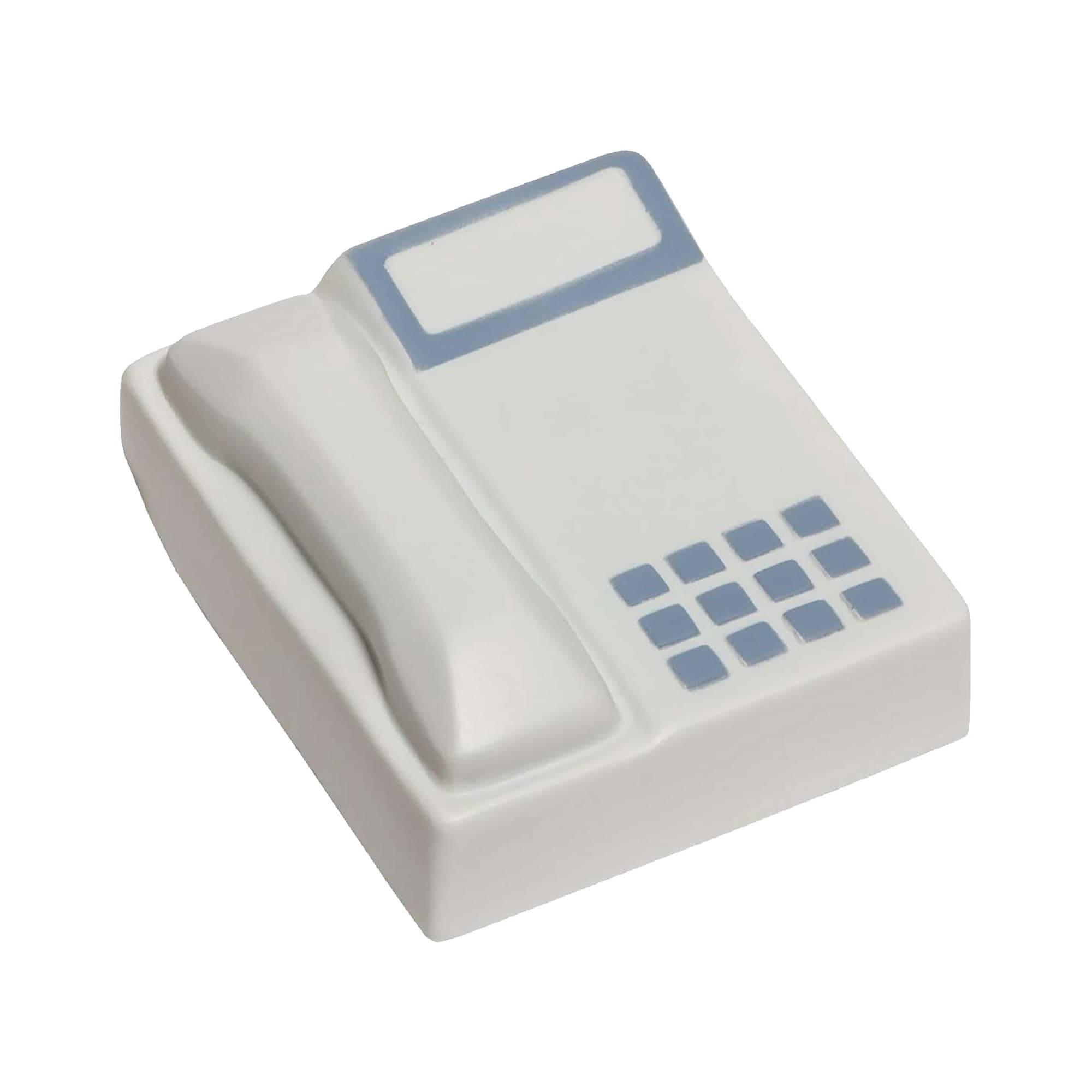 A white stress telephone with a blue keypad and a smooth surface. Features a simplistic design and a logo on it. Stress Telephone - Image 1