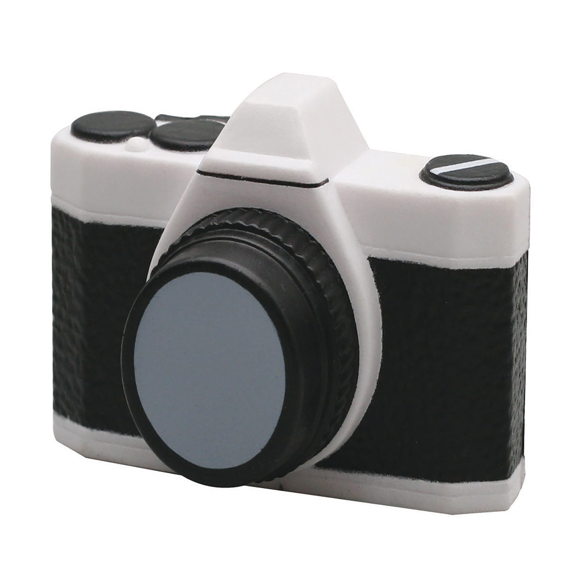 A stress toy shaped like a camera, featuring black and white colours with a round lens. It has a logo on its surface. Stress Camera - Image 1