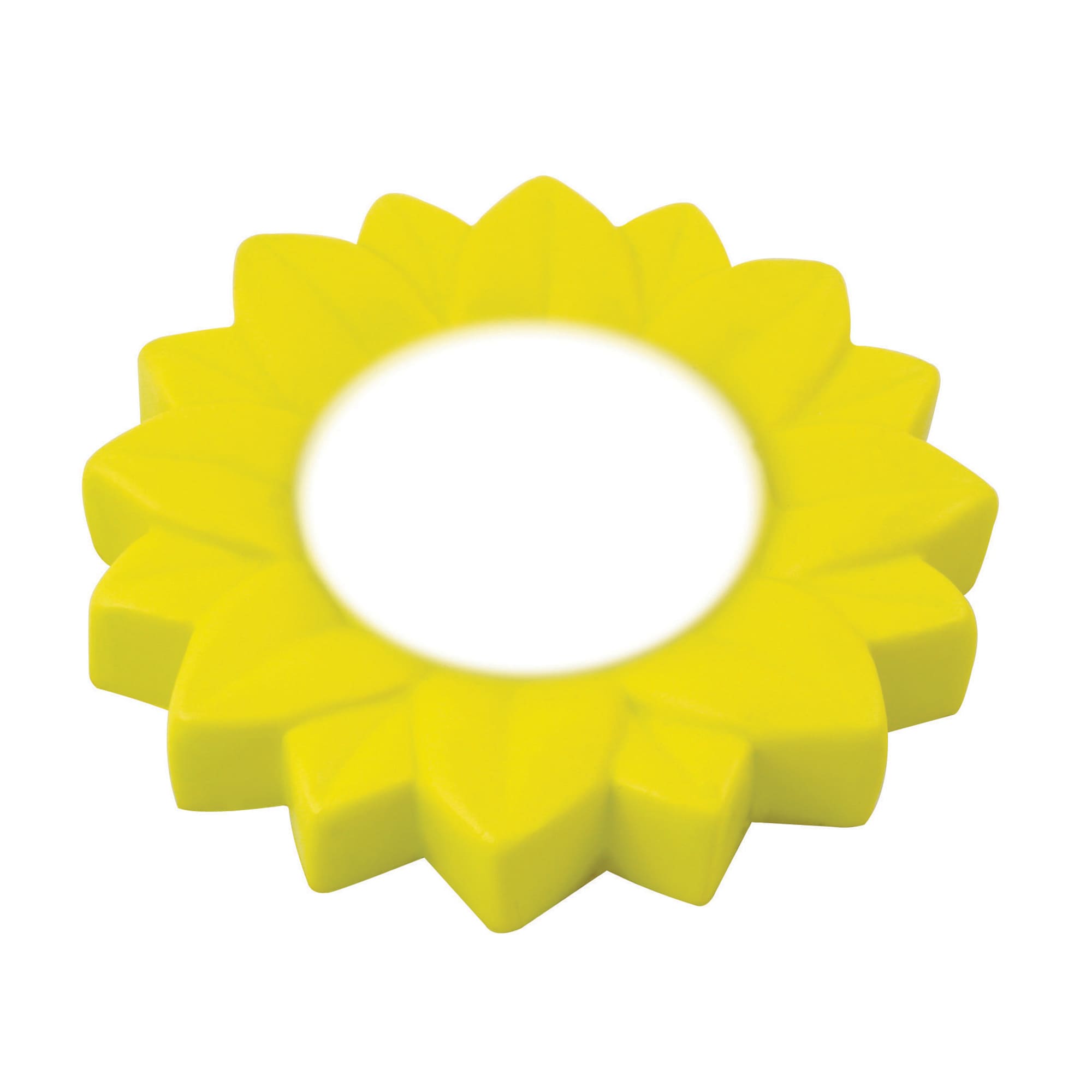 A vibrant yellow stress flower shaped toy with a central circular opening, resembling a sunflower. Stress Flower - Image 1