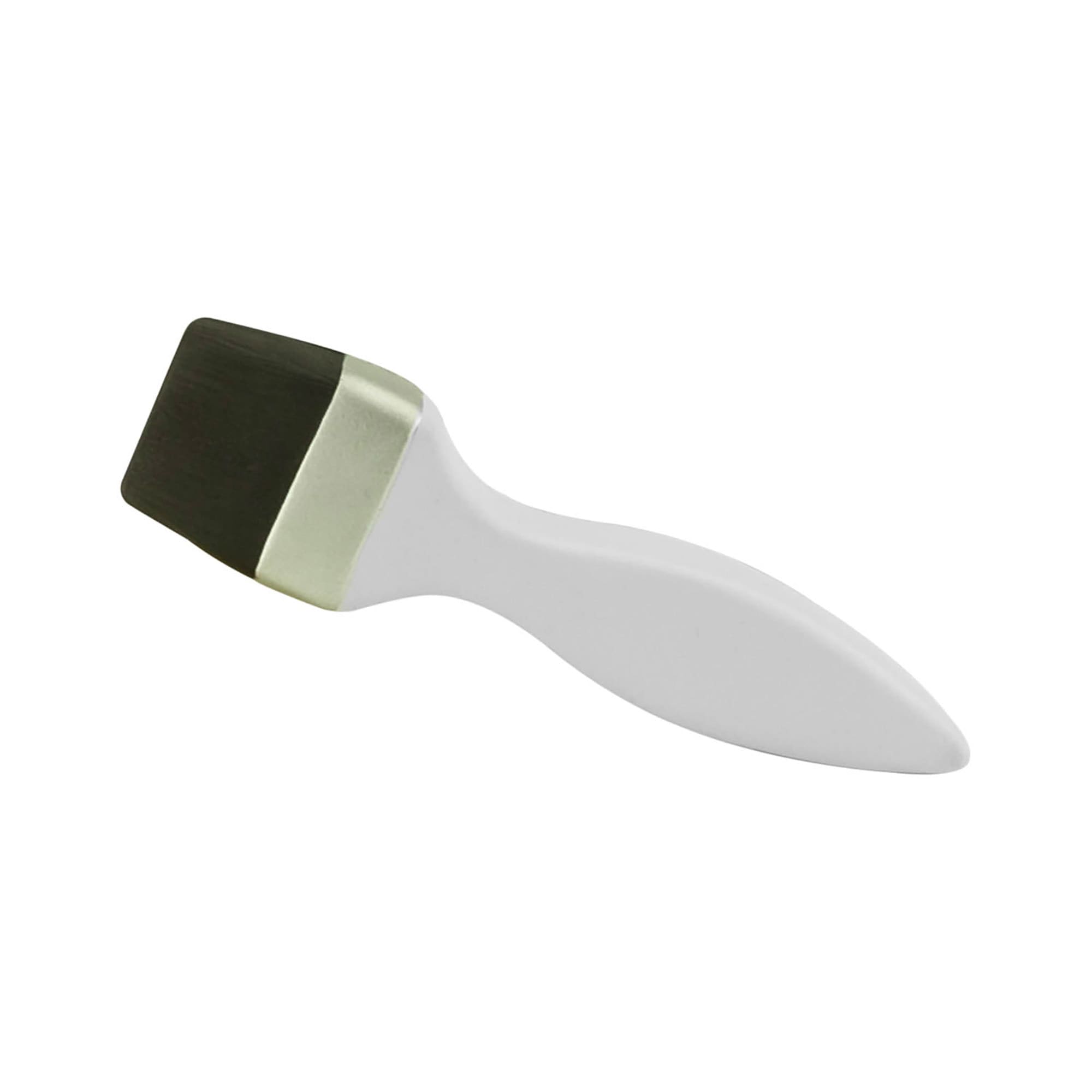 A stress brush featuring a white handle and a black bristle head; includes a metallic silver detail. Stress Brush - Image 1