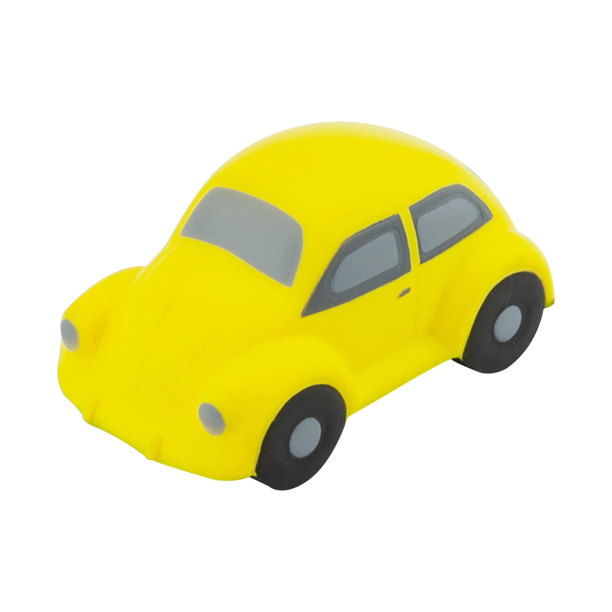 A yellow stress toy shaped like a classic car, featuring grey windows and black wheels. It has a simple design and a logo. Stress Beatle Car - Image 1