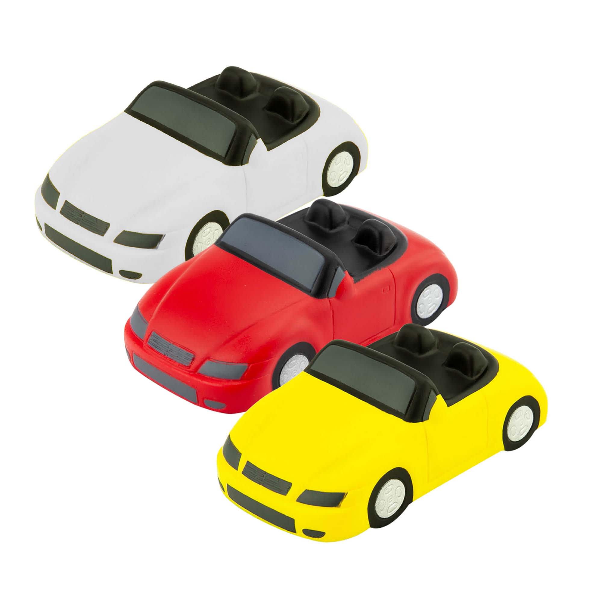 A set of stress relief toys shaped like convertible cars in white, red, and yellow colours, featuring black interiors. Stress Sports Car - Image 1