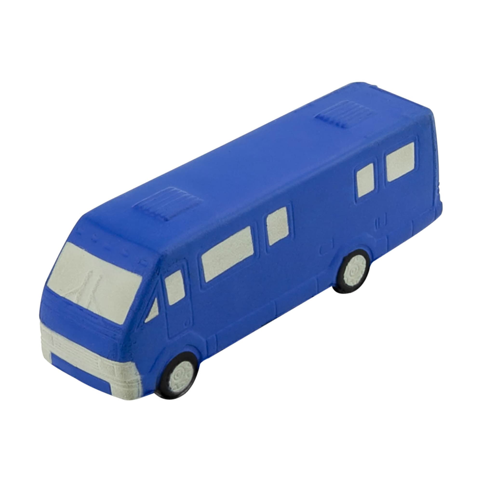 A blue stress mini bus with white details and wheels, designed for stress relief. Stress Mini Bus - Image 1
