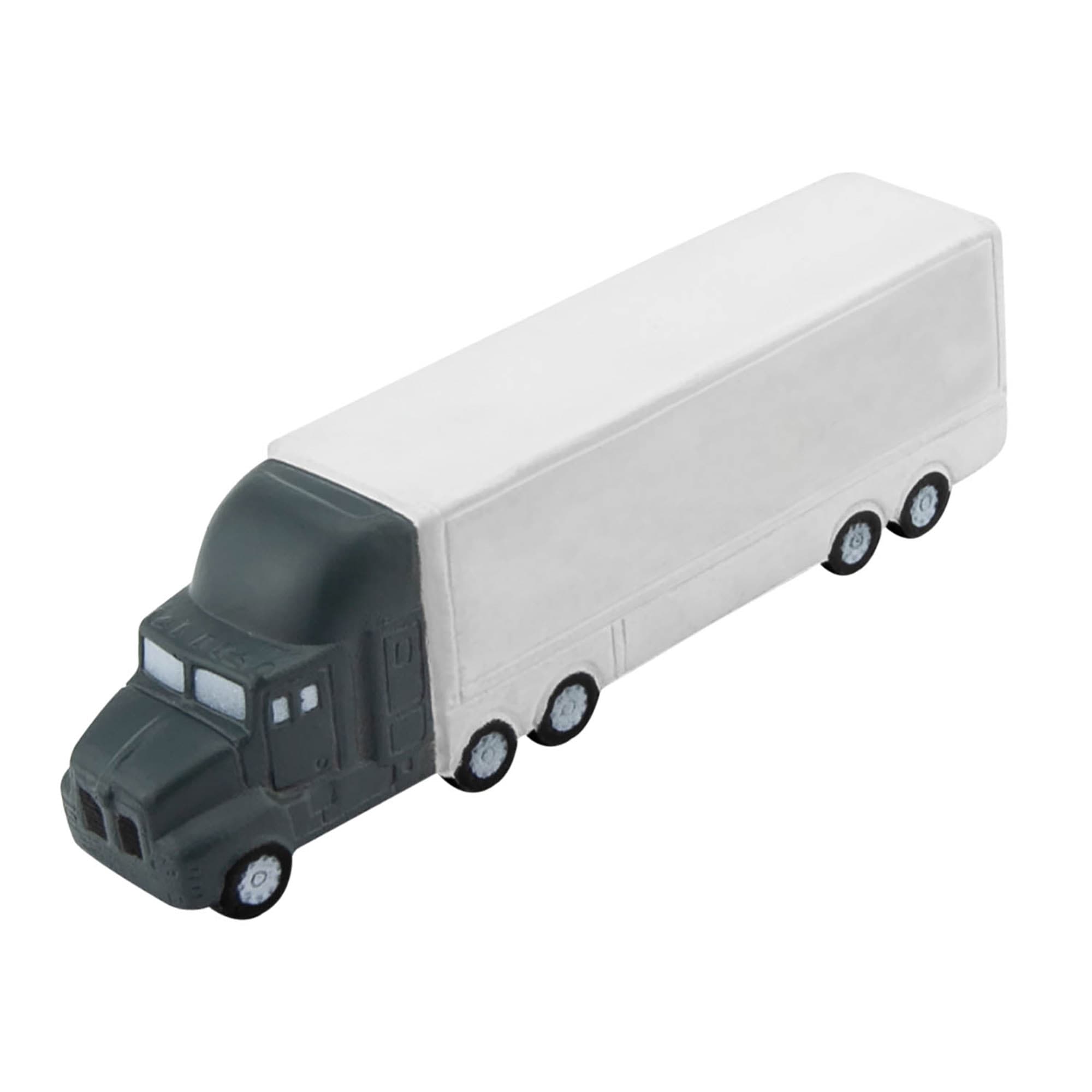 A stress toy designed as a long truck, featuring a black front and a white trailer, with wheels and details. Stress Long Truck - Image 1