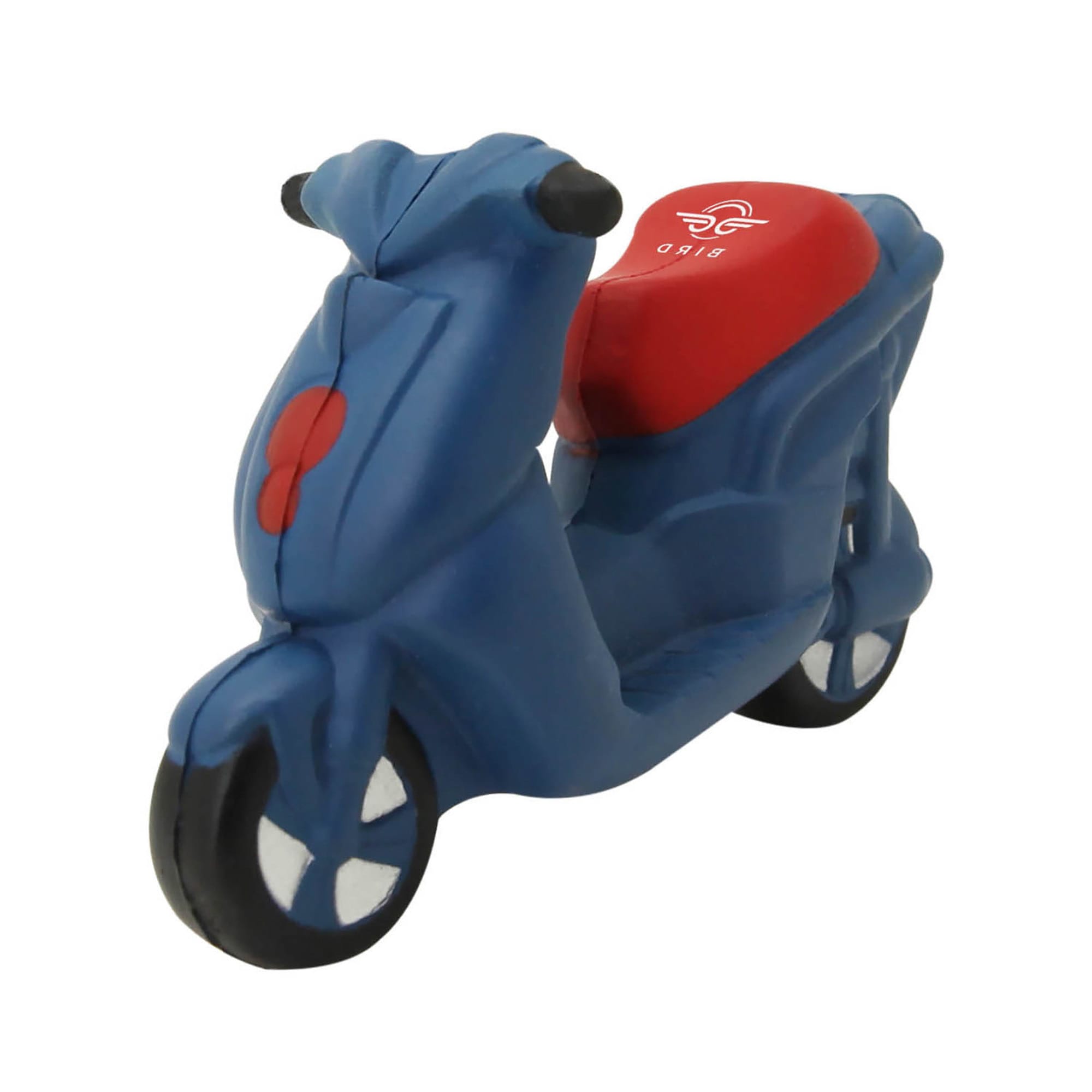 A blue stress scooter with a red seat and a logo, designed as a fun stress-relief toy. Stress Scooter - Image 1