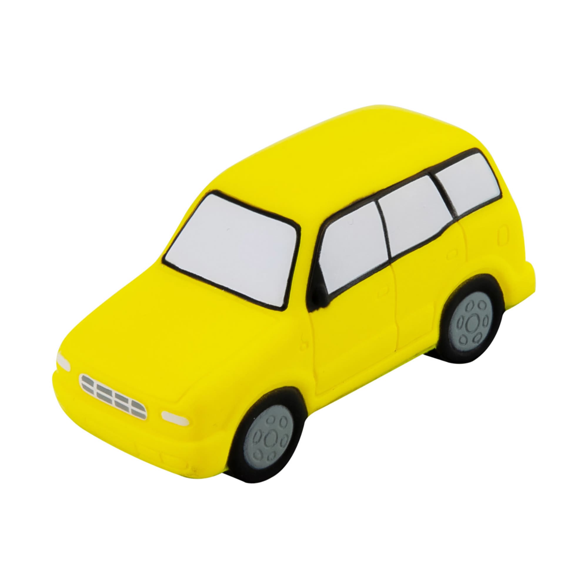 A yellow stress SUV toy with grey wheels and a simplistic design, featuring a black outline for details. Stress SUV - Image 1