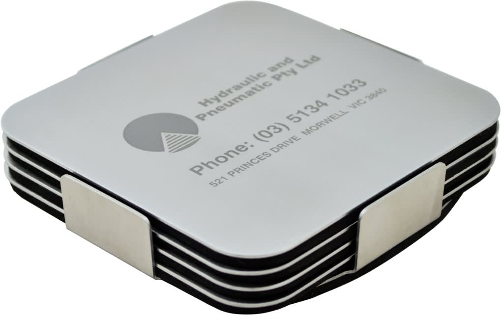 A set of silver coasters stacked together, featuring a sleek design with a logo and contact information. Strata Coaster Set - Image 1