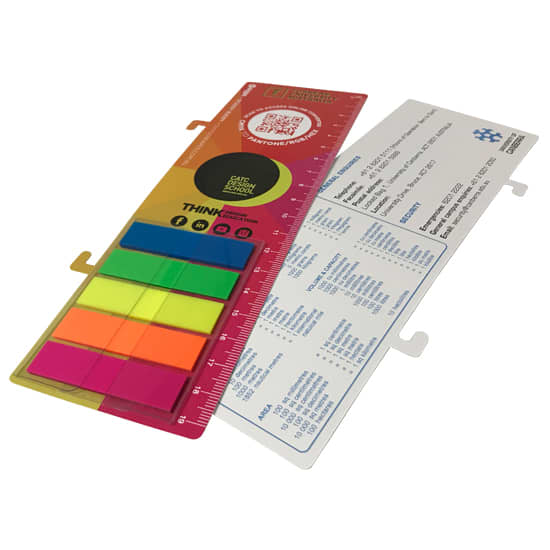 A set of colourful bookmarks with a ruler and Z markers, featuring a transparent design and a logo. Bookmarks for wiro 200x73mm with Z markers (Study Buddy Ruler) - Image 1