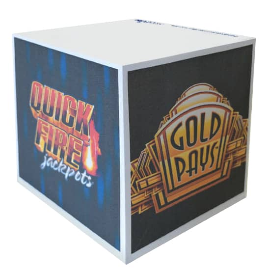 A printed note cube featuring vibrant multi-coloured designs on all sides, including text and logos. Stuk Note Cube 100x100 3 Colour 910 Leaf- Cube Printed On Four Sides - Image 1