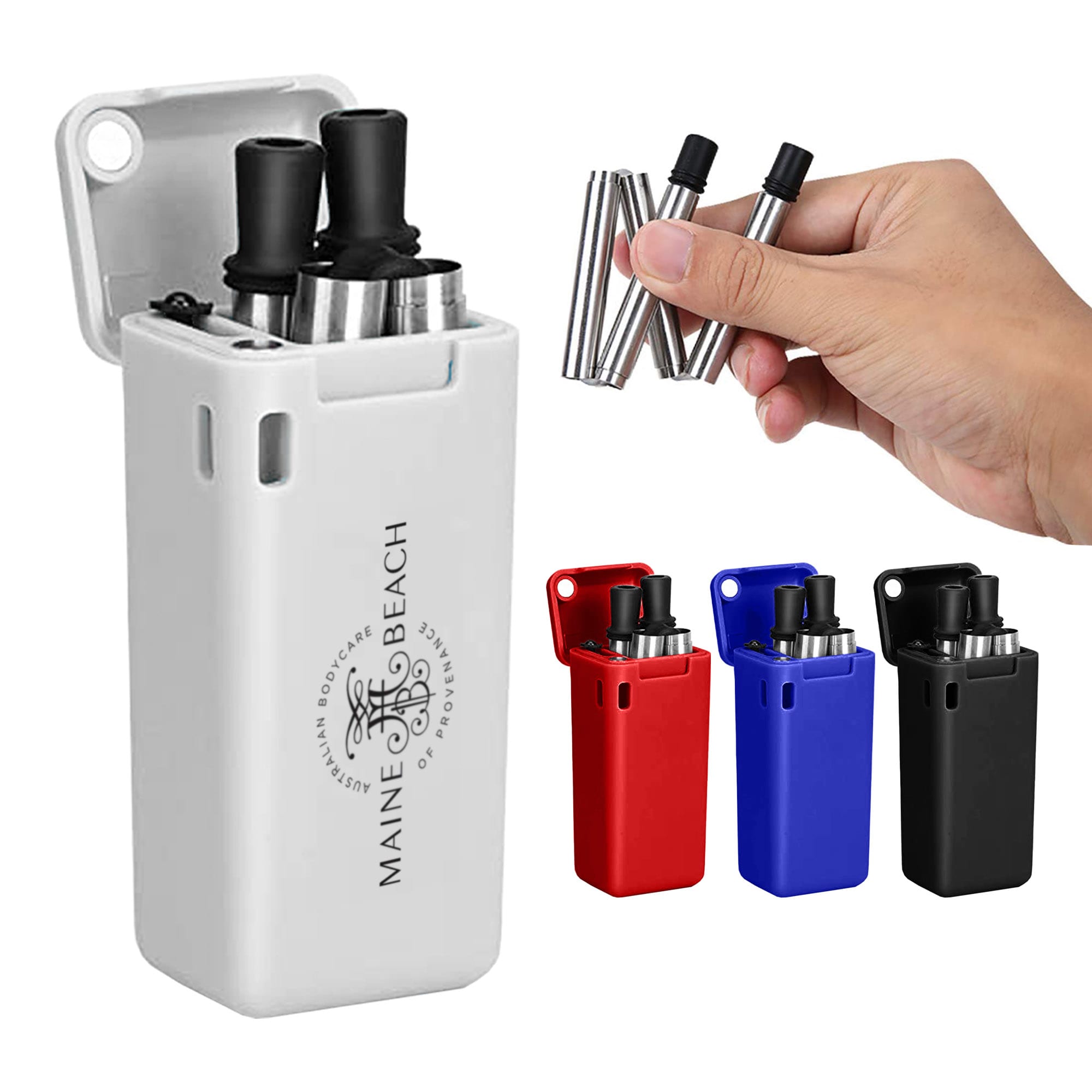 A set of metal straws in silver, contained in a rectangular case available in white, red, blue, and black, with a logo. Gana Foldable Metal Straw - Image 1