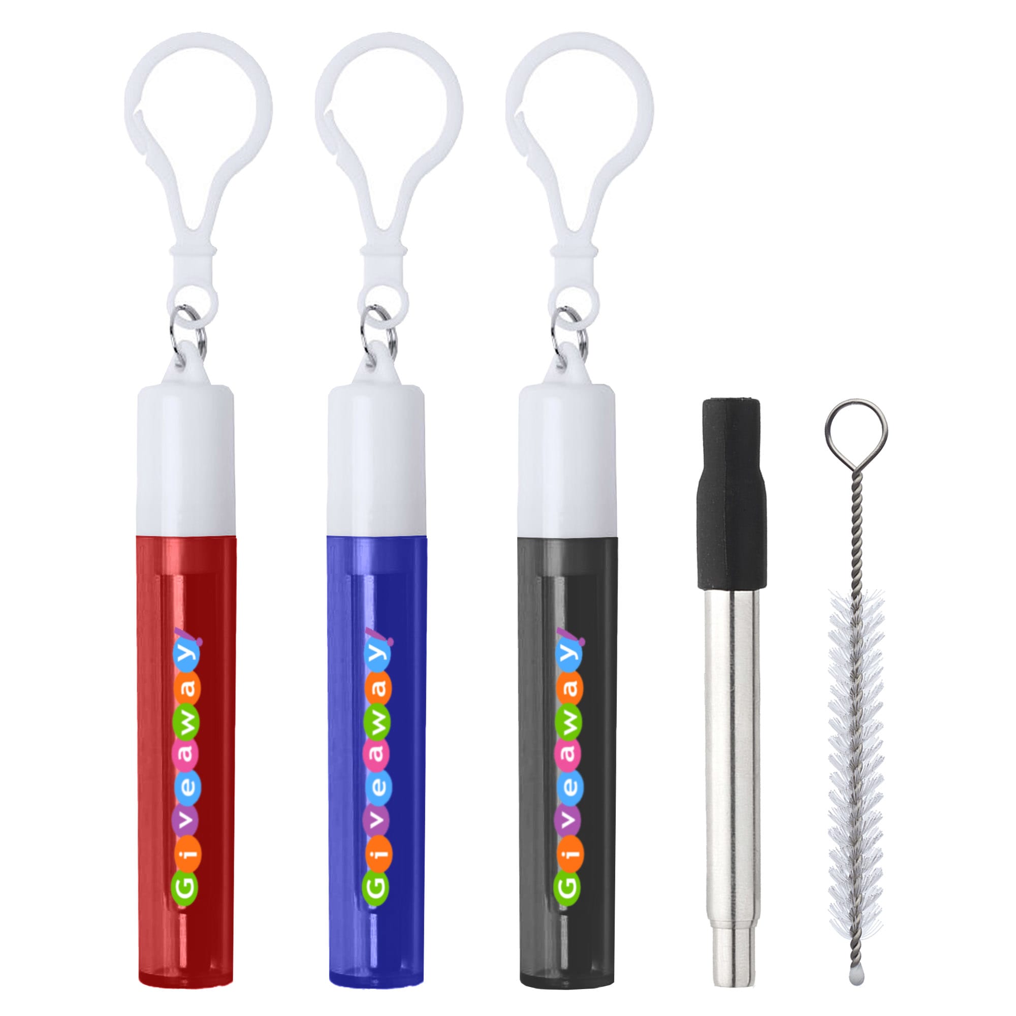 A set of three retractable metal straws in red, blue, and black, with a cleaning brush and holder. Neveo Retractable Metal Straw - Image 1