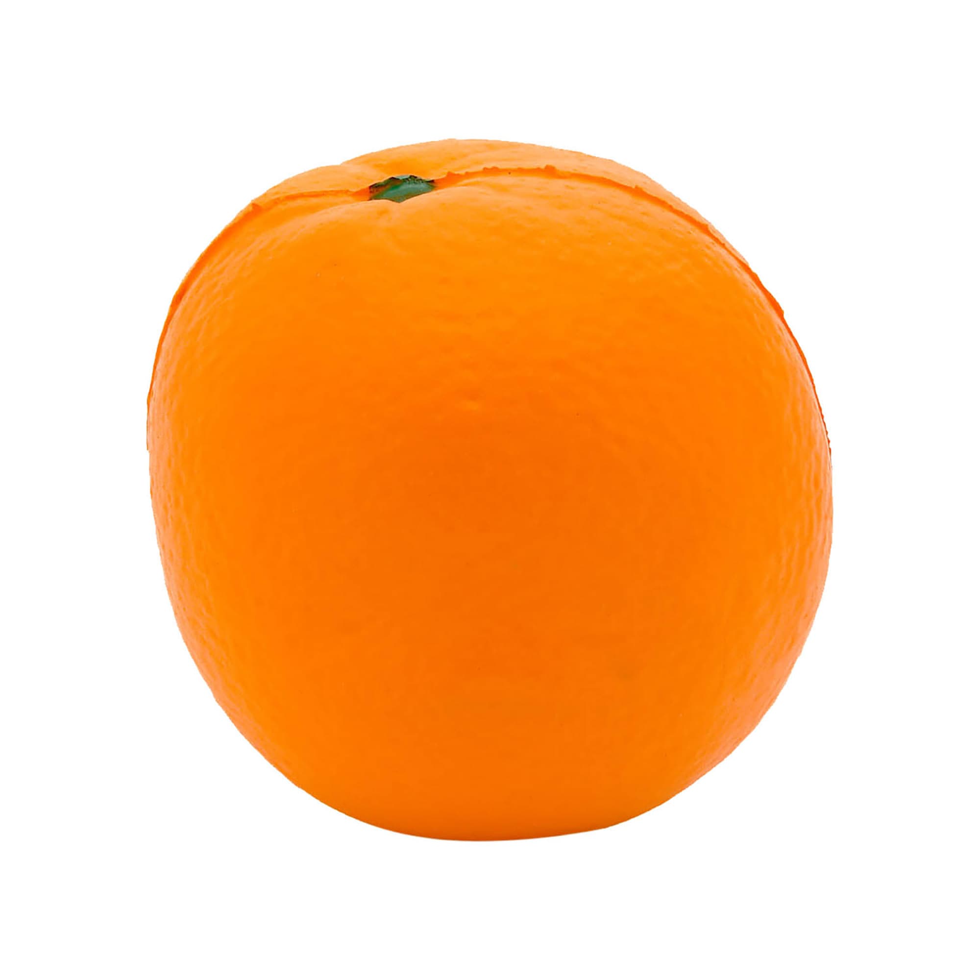 An orange stress ball with a vibrant orange colour, featuring a textured surface and a small green stem on top. Stress Orange - Image 1