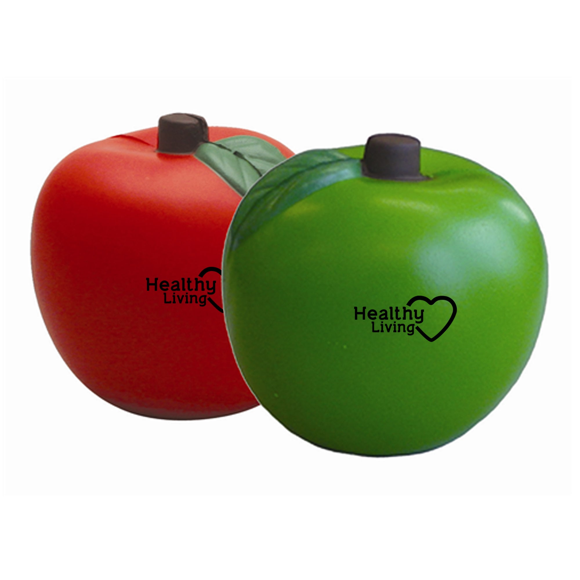 Two stress apples, one red and one green, featuring a small black button and a logo on each. Stress Apples - Image 1