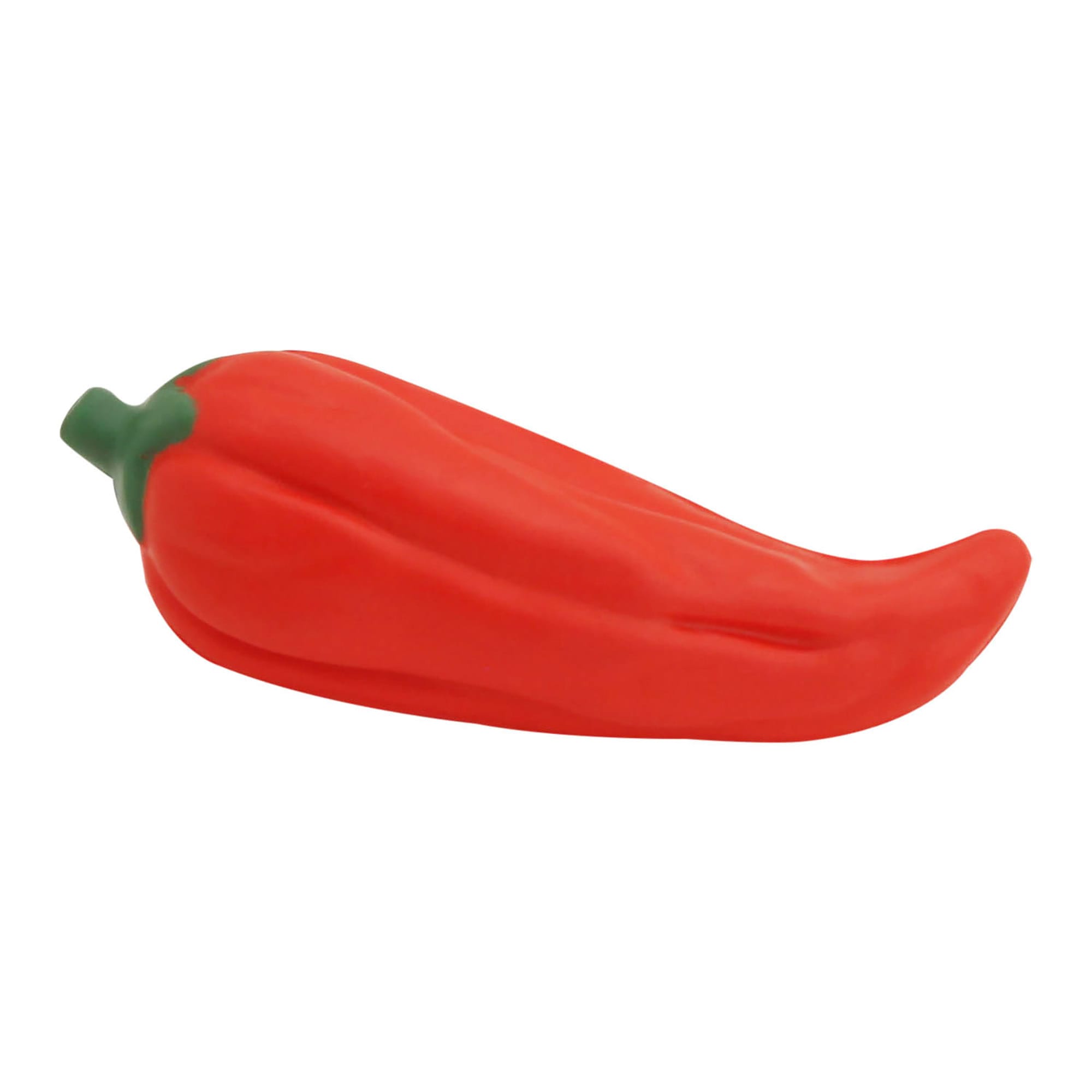 A bright red stress chili with a green stem, designed as a stress-relief toy. It has a smooth texture. Stress Chili - Image 1