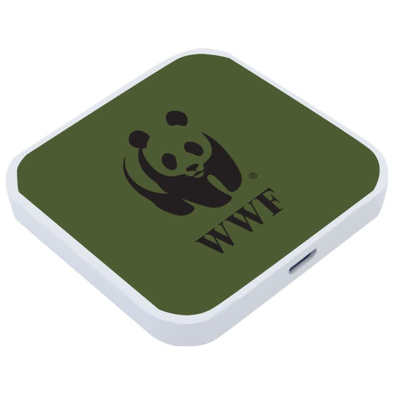 A square green wireless charging dock with a white border and a logo on top. Rhom Charging Dock - Image 1