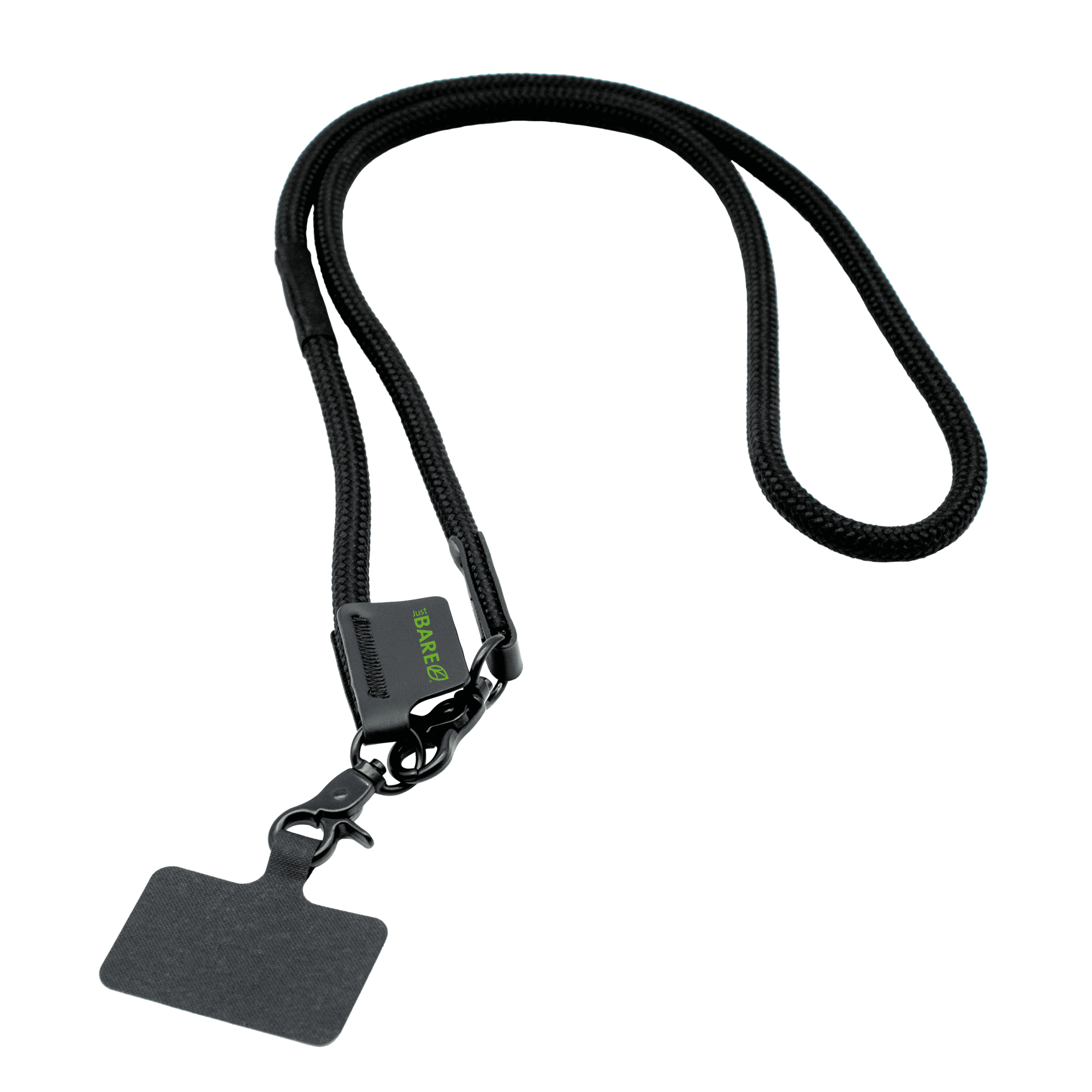 A black phone strap featuring a clip and an attachment for identification or accessories. It has a sleek and modern design. Wei Phone Strap - Image 1