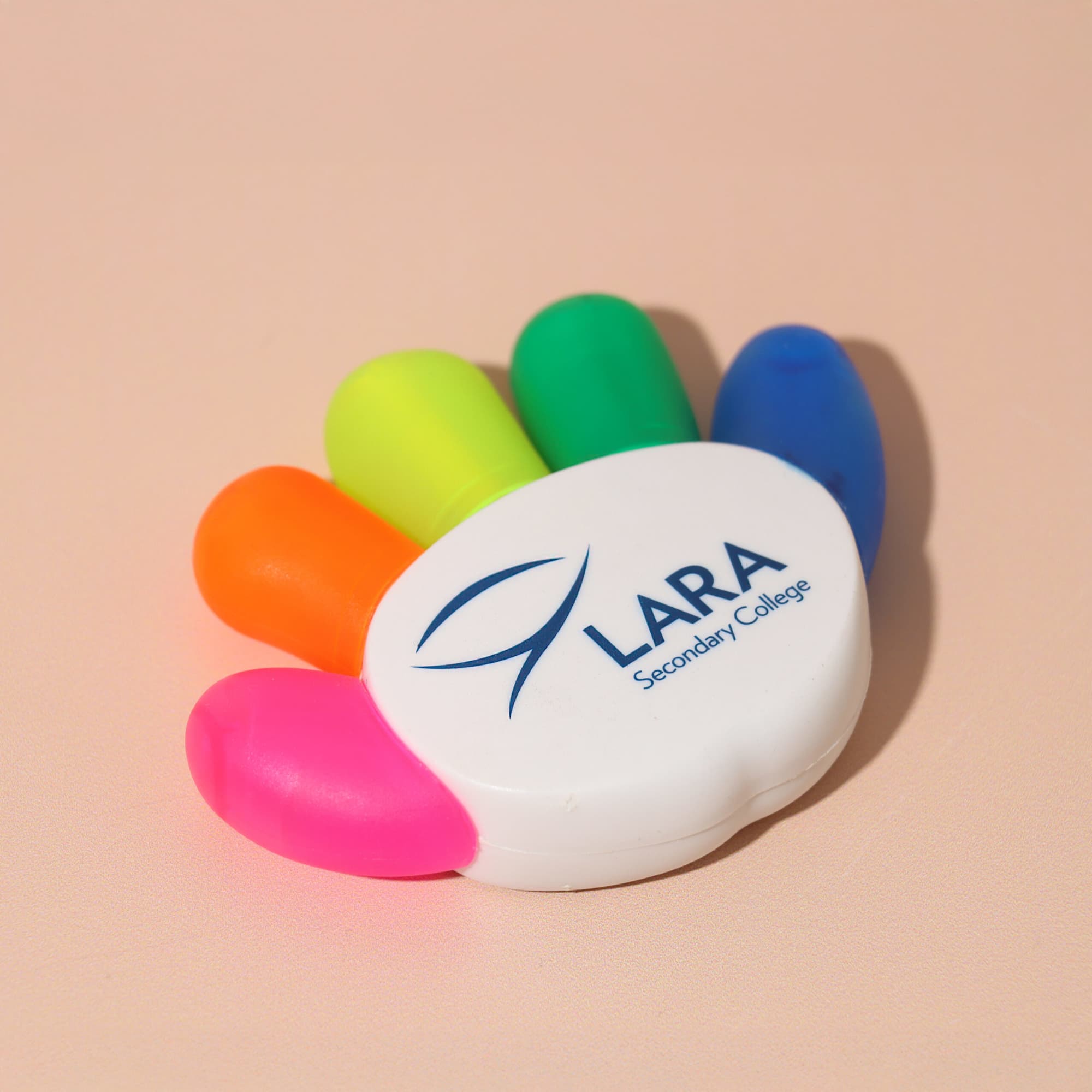 A highlighter shaped like a hand with pink, orange, green, blue, and yellow tips, featuring a logo on a white base. High 5 Highlighter - Image 1