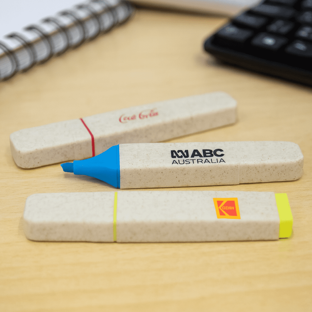 A set of eco-friendly highlighters in blue, yellow, and greyish beige, with various branding elements. Eco Highlighter - Image 1