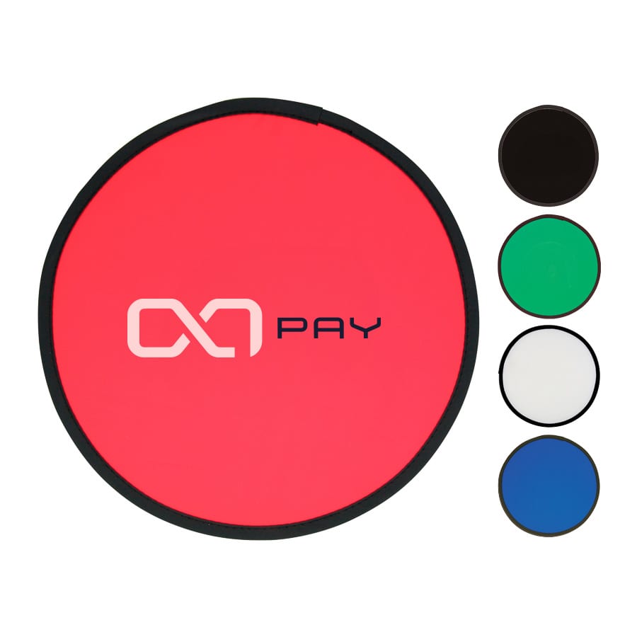 A red fold-up flying disc is displayed, alongside black, green, white, and blue options. The disc features a logo. Fold Up Flying Disc - Image 1