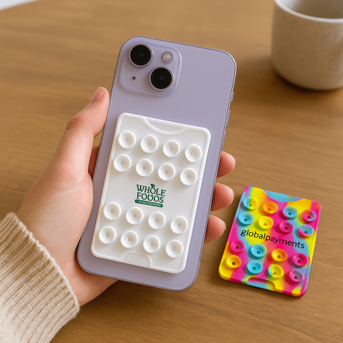 A purple phone held in hand with a white suction phone wallet on the back and two colourful cards beside it. Suction Phone Wallet - Image 1