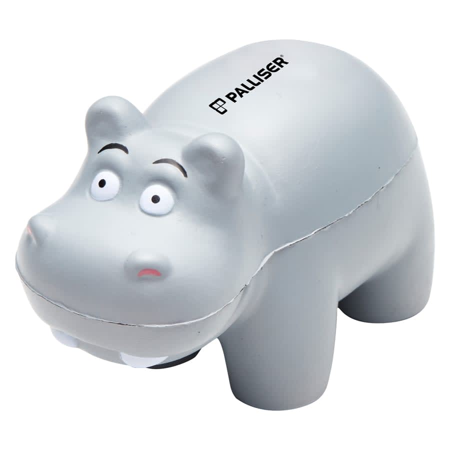 A grey hippo stress toy with large eyes and white teeth, featuring a logo on top. Squeeze Hippo - Image 1