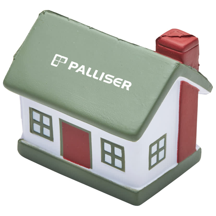 A stress toy shaped like a house, featuring a green roof, red door, and a logo on the front. Squeeze House - Image 1