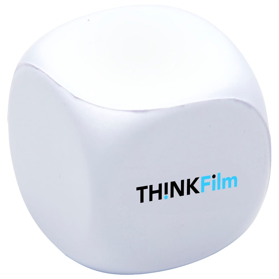 A white, squishy cube with rounded edges featuring a logo on one side. Squeeze Cube - Image 1