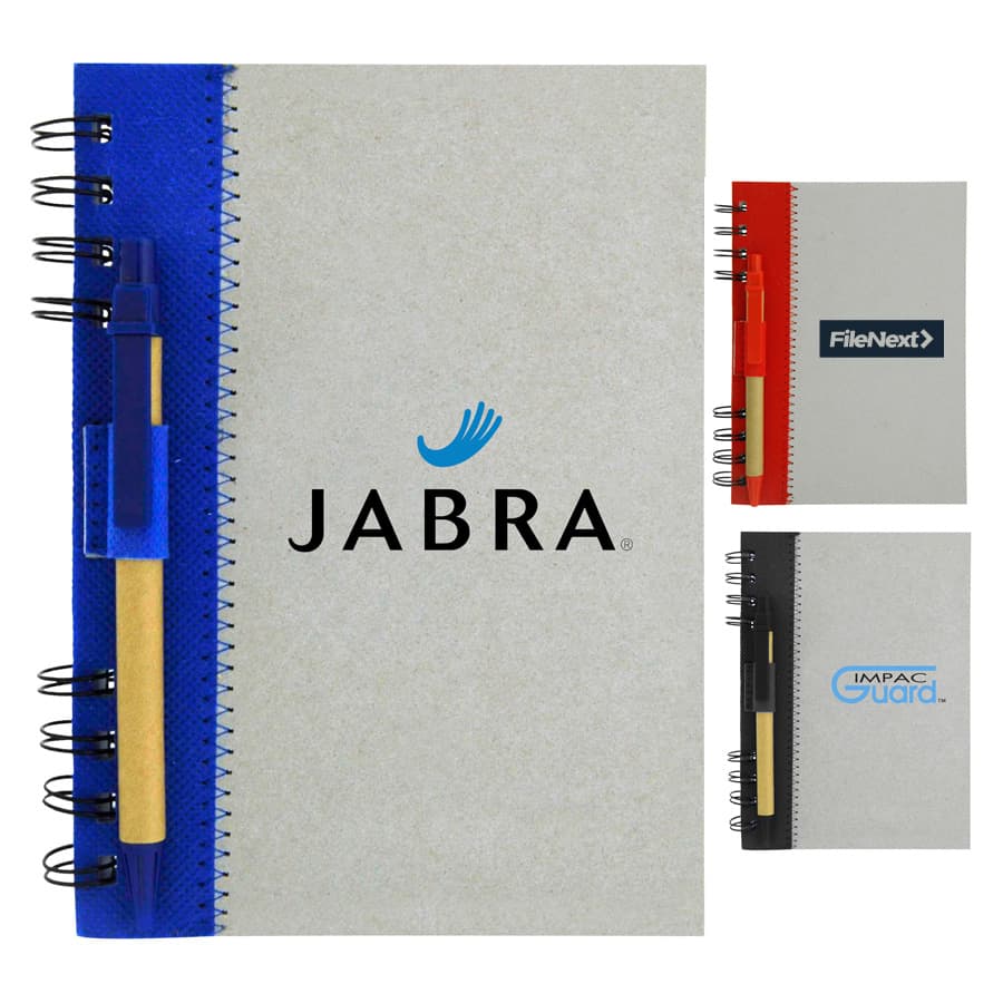 Recycled journal book with a grey cover and coloured spines, featuring a pen and a logo on the front. Recycled Journal Book - Image 1