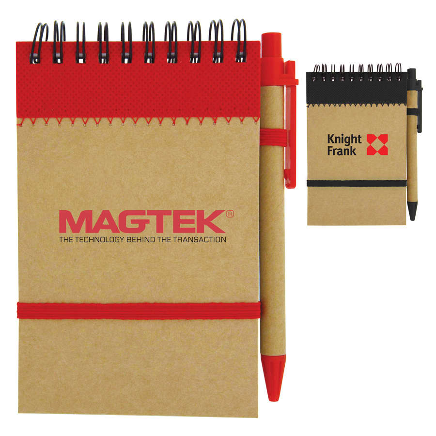 A recycled jotter pad with a brown cover, red accents, and a matching pen. Features a logo on the front. Recycled Jotter Pad - Image 1