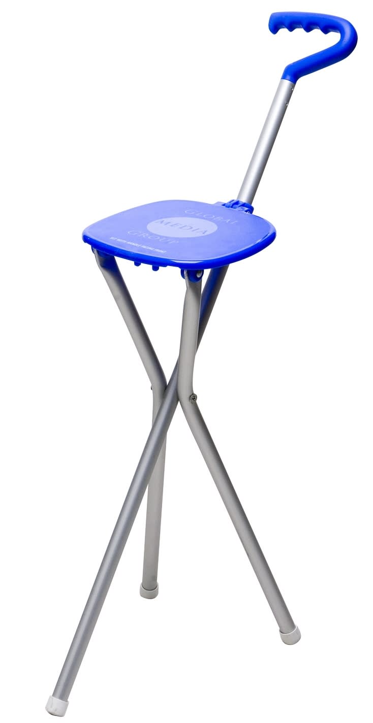 A blue folding seat with a handle, featuring a metallic frame and a compact design. It has a logo on the seat. Sport Seat - Image 1