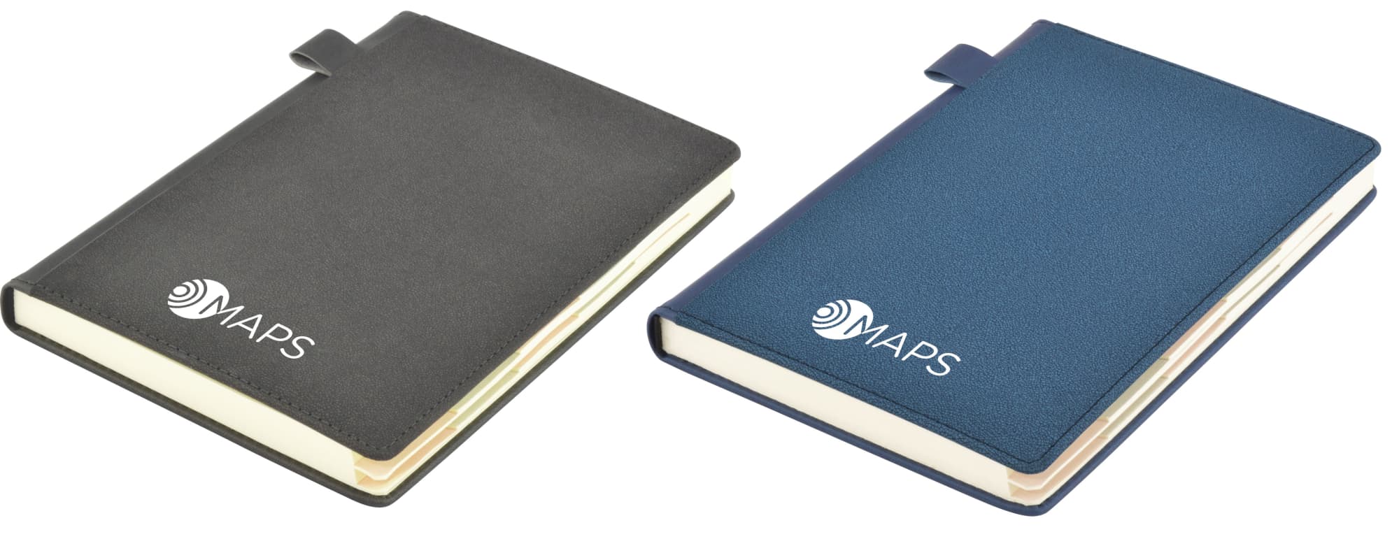 Two Tab Deluxe A5 Notebooks in grey and navy, featuring a logo on the cover. Both have a sleek design with a closure. Tab Deluxe A5 Notebook - Image 1