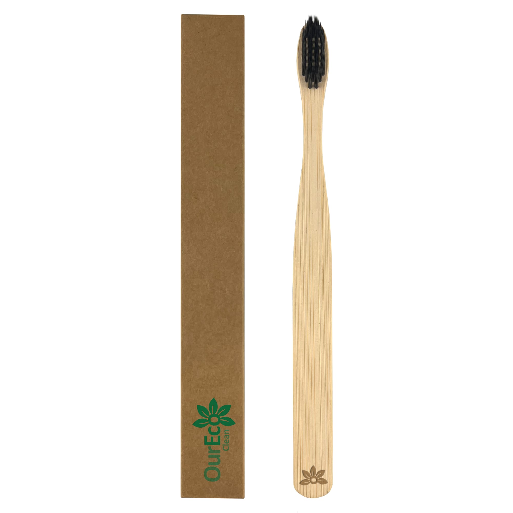 A bamboo toothbrush with a wooden handle and black bristles, packaged in a brown cardboard box with a logo. Bamboo ToothBrush – Adult - Image 1