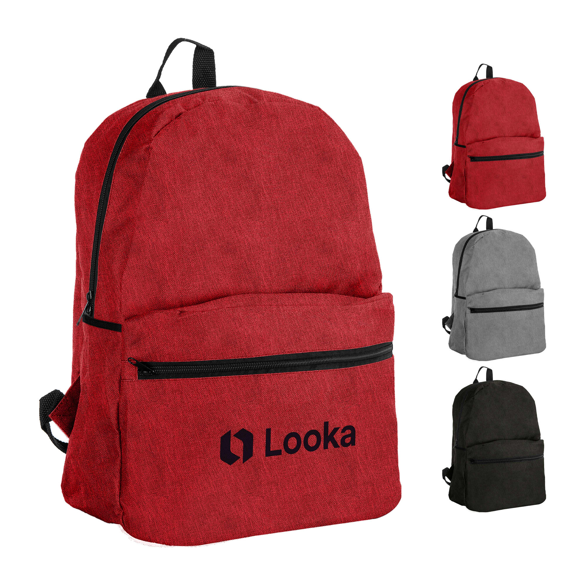 A red backpack with a front pocket and a logo, also available in grey and black. Artikka Backpack - Image 1