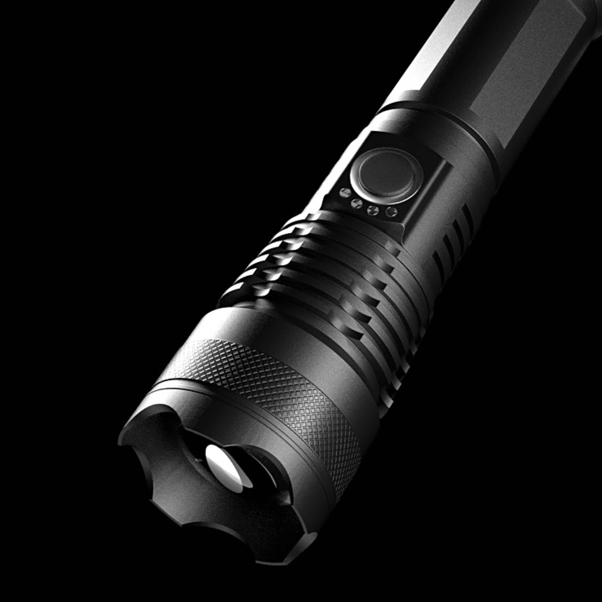 A black outdoor torch with a textured grip and a round head, featuring a circular light source and an on/off button. Innotech Outdoor Torch - Image 1