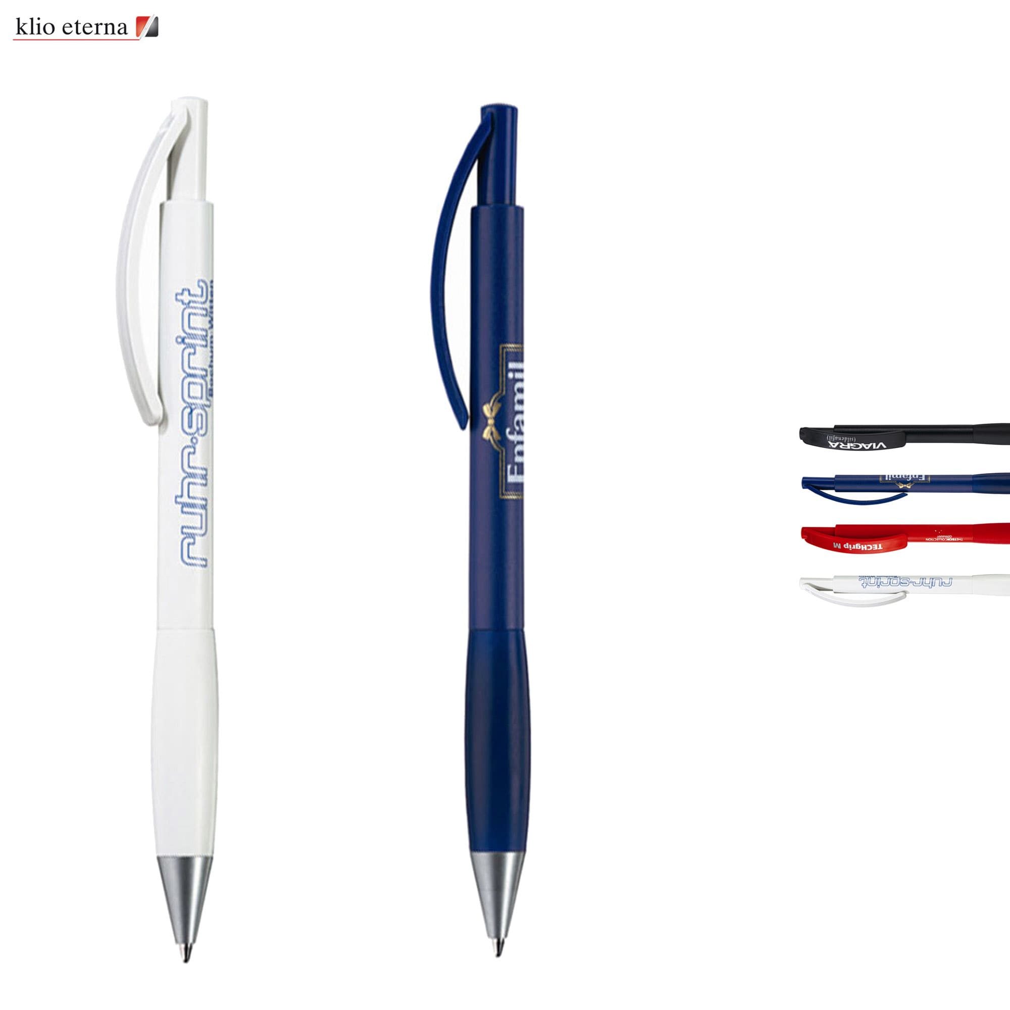 A collection of plastic pens in white and blue, displayed alongside red, blue, and black clips, featuring logos. Tech Grip M - Image 1