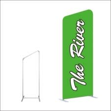 A green tension fabric display with a white logo on a frame. Features an angled top design. Stretch Fabric Display / Tension Fabric Display -H-Shape Angled Top 1000mm x 2500mm - Image 1