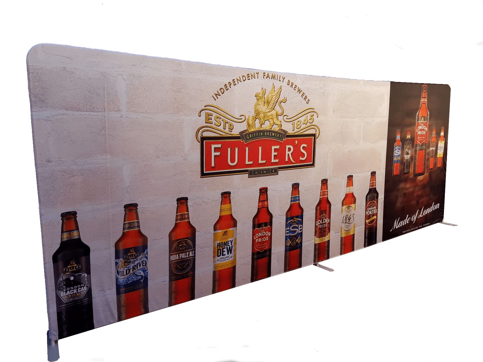 A tension fabric display featuring various beer bottles against a brick wall background, with a prominent logo and branding. Stretch Fabric Display / Tension Fabric Display Straight Frame 5940mm x 2210mm (20ft) - Image 1