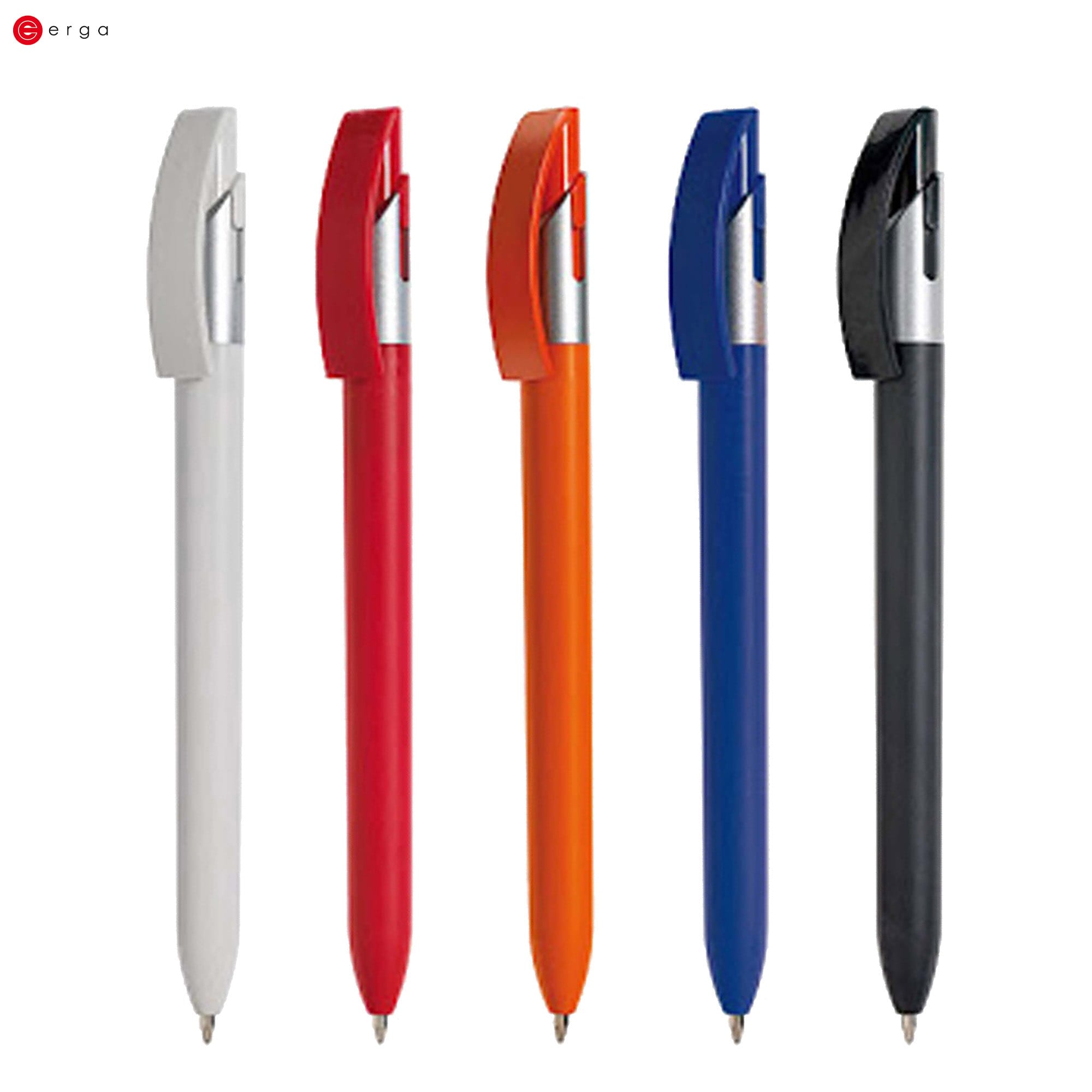 A collection of five plastic pens in white, red, orange, blue, and black, featuring a logo on each pen. Thera Solid - Image 1