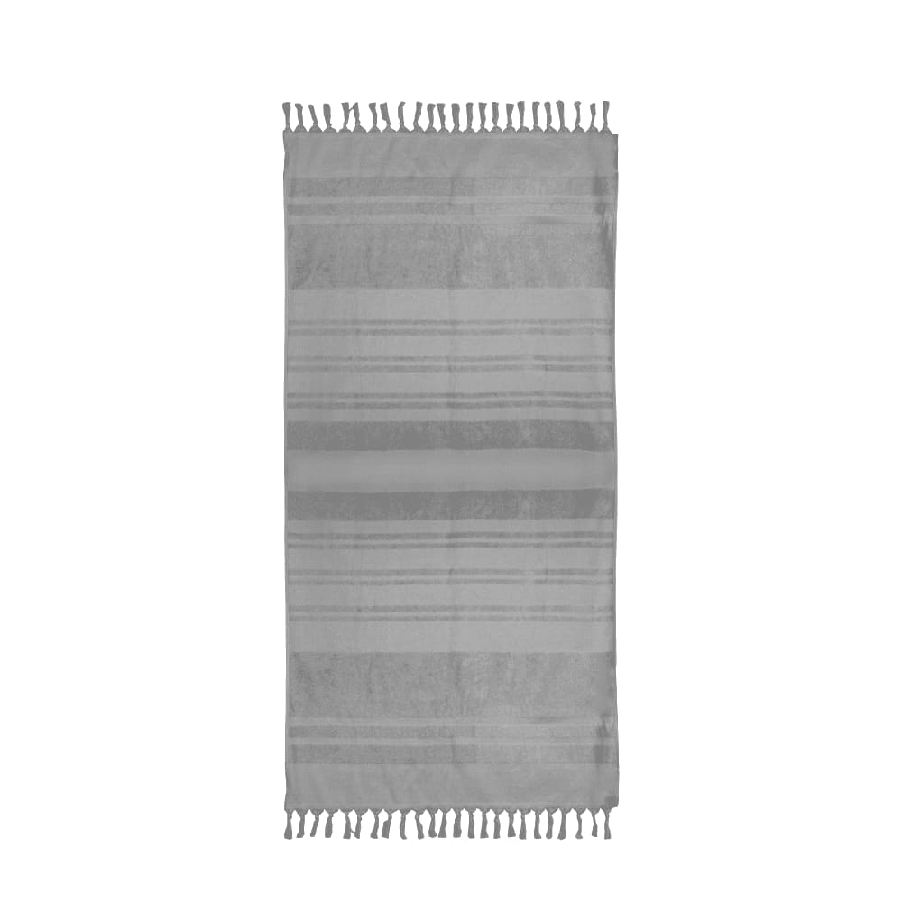 A grey flat terry towel with striped pattern and tassels along the edges. It features a logo. Trekk Flat Terry Towel - Image 1