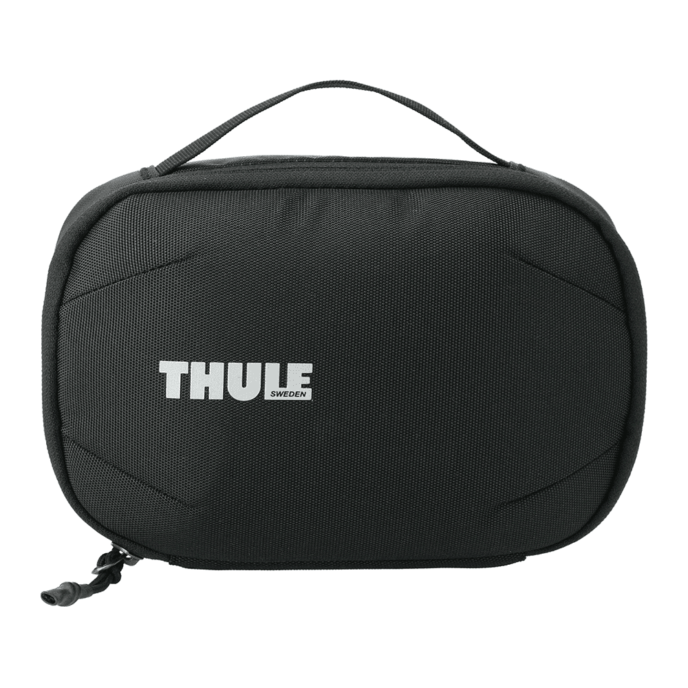 A black toiletry bag featuring a sturdy design, a handle, and a logo. Thule Subterra PowerShuttle - Image 1