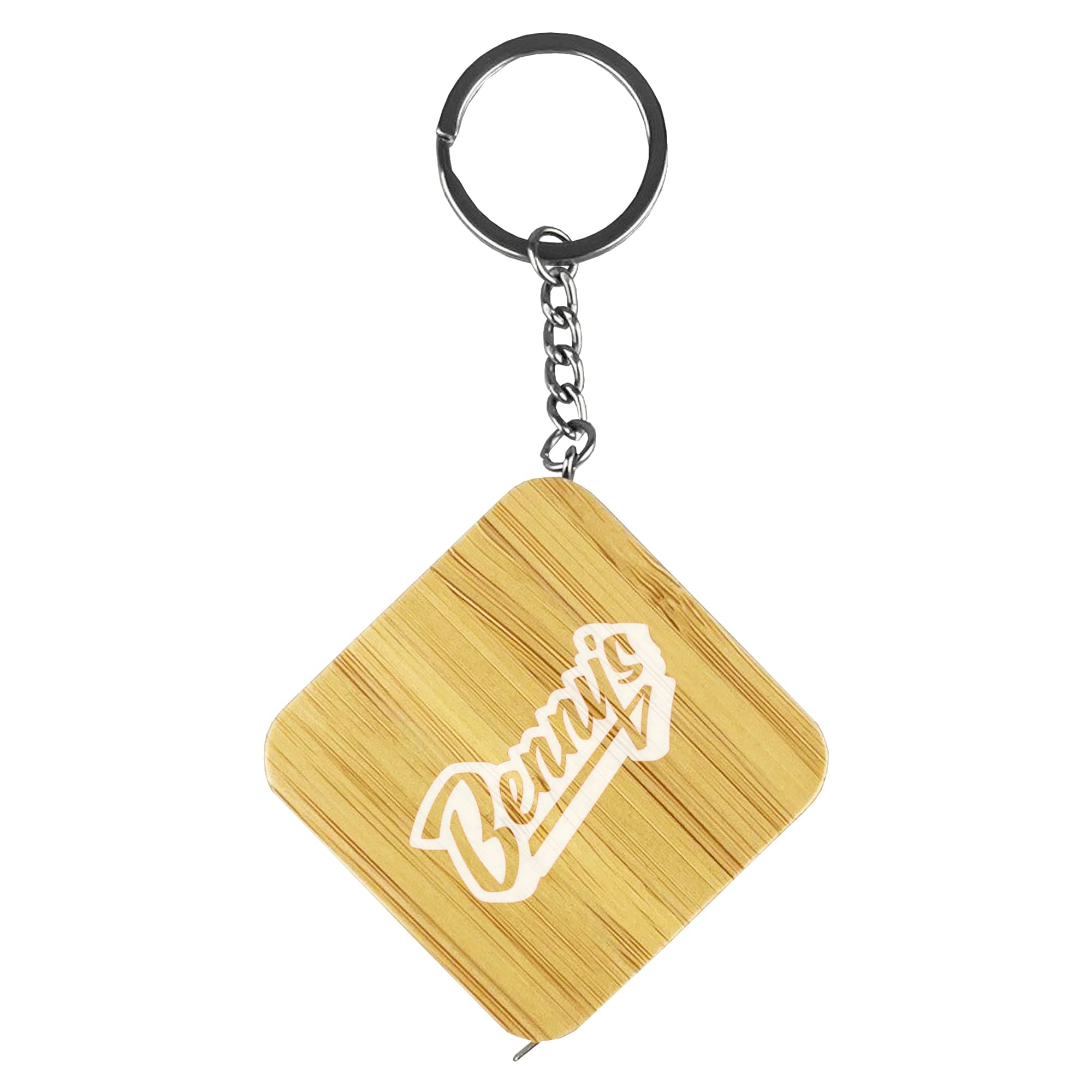 A bamboo tape measure key ring in a diamond shape with a metallic keychain attachment. Features a logo. Bamboo Tape Measure Key Ring - Image 1