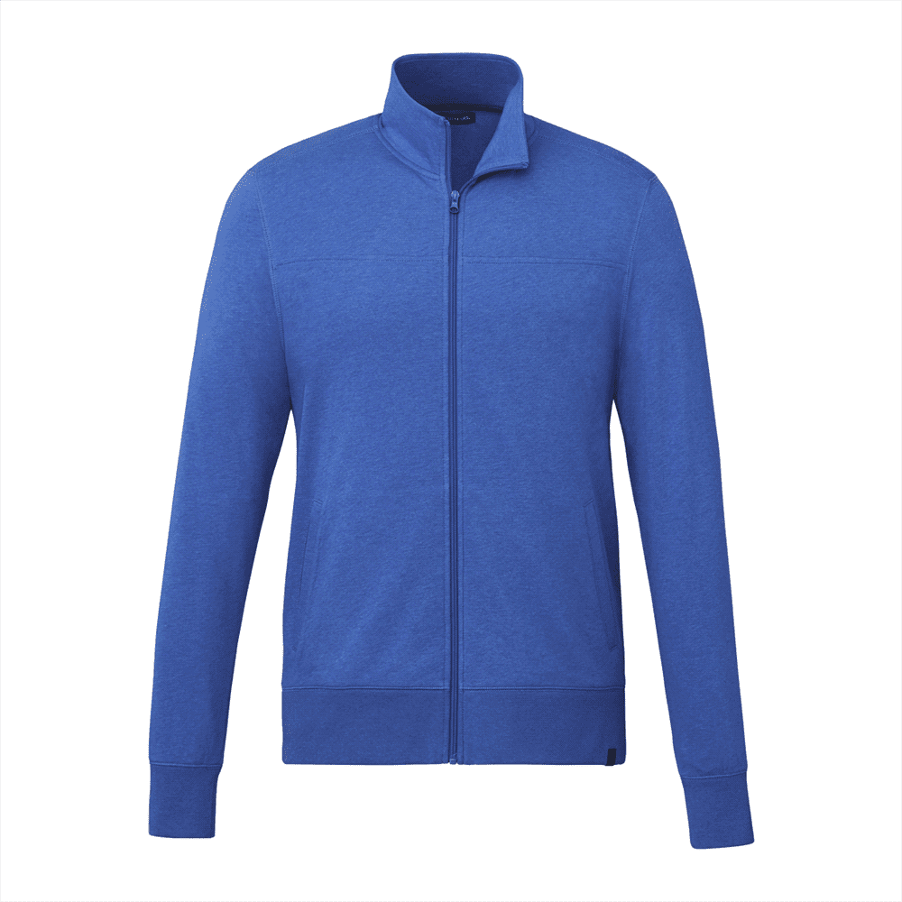 A blue full zip fleece jacket for men, featuring a collar and long sleeves. It has a logo on it. Argus Eco Fleece Full Zip - Mens - Image 1