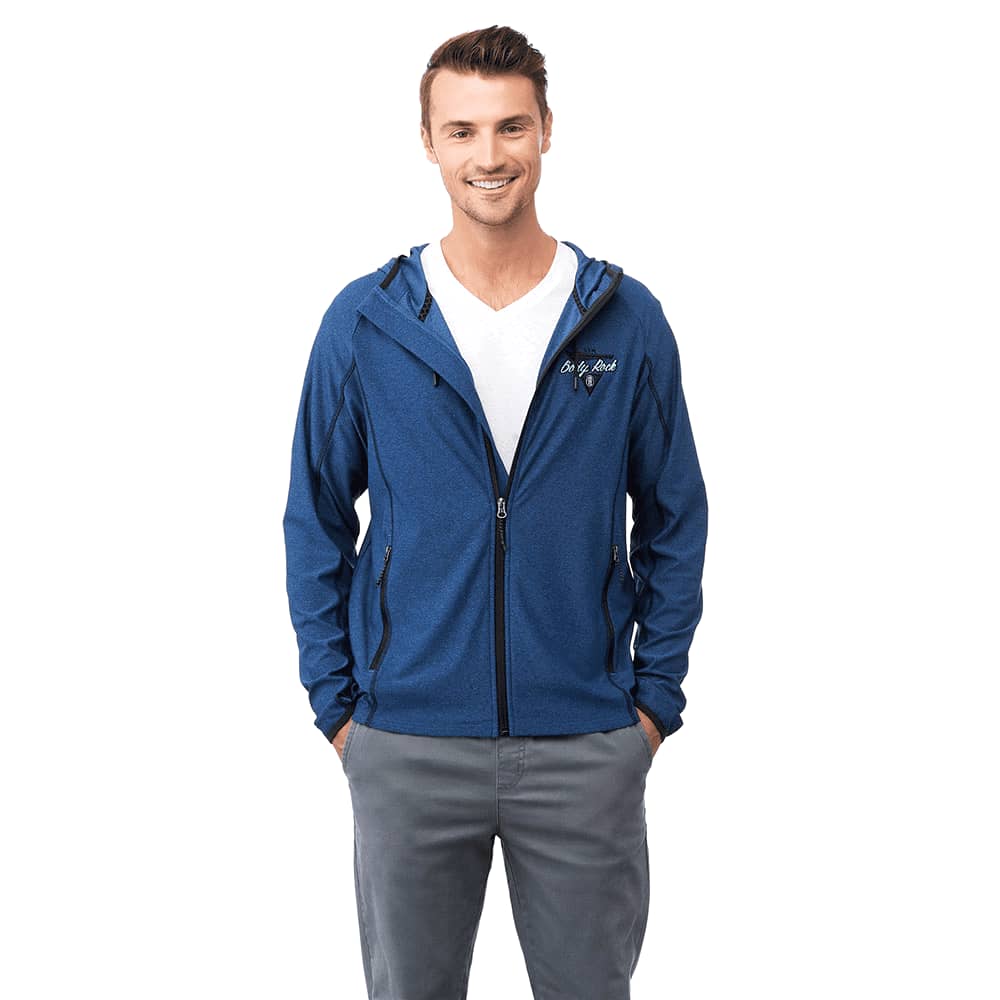 A men's knit jacket in blue with a hood and a front zipper, featuring a logo on the chest. Kaiser Knit Jacket - Mens - Image 1