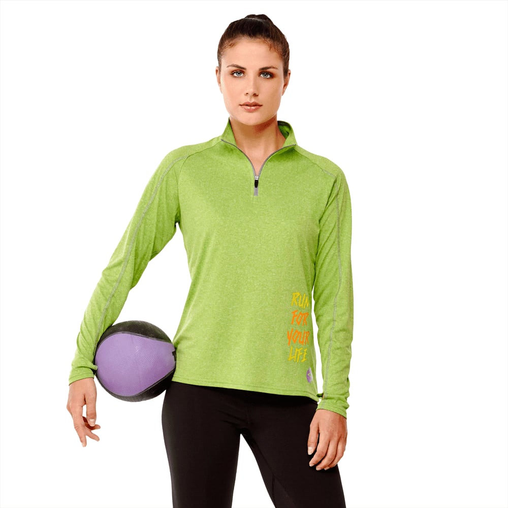A green women's quarter zip jumper with a fitted design, featuring a branding logo and styled with black leggings. Taza Knit Quarter Zip - Womens - Image 1