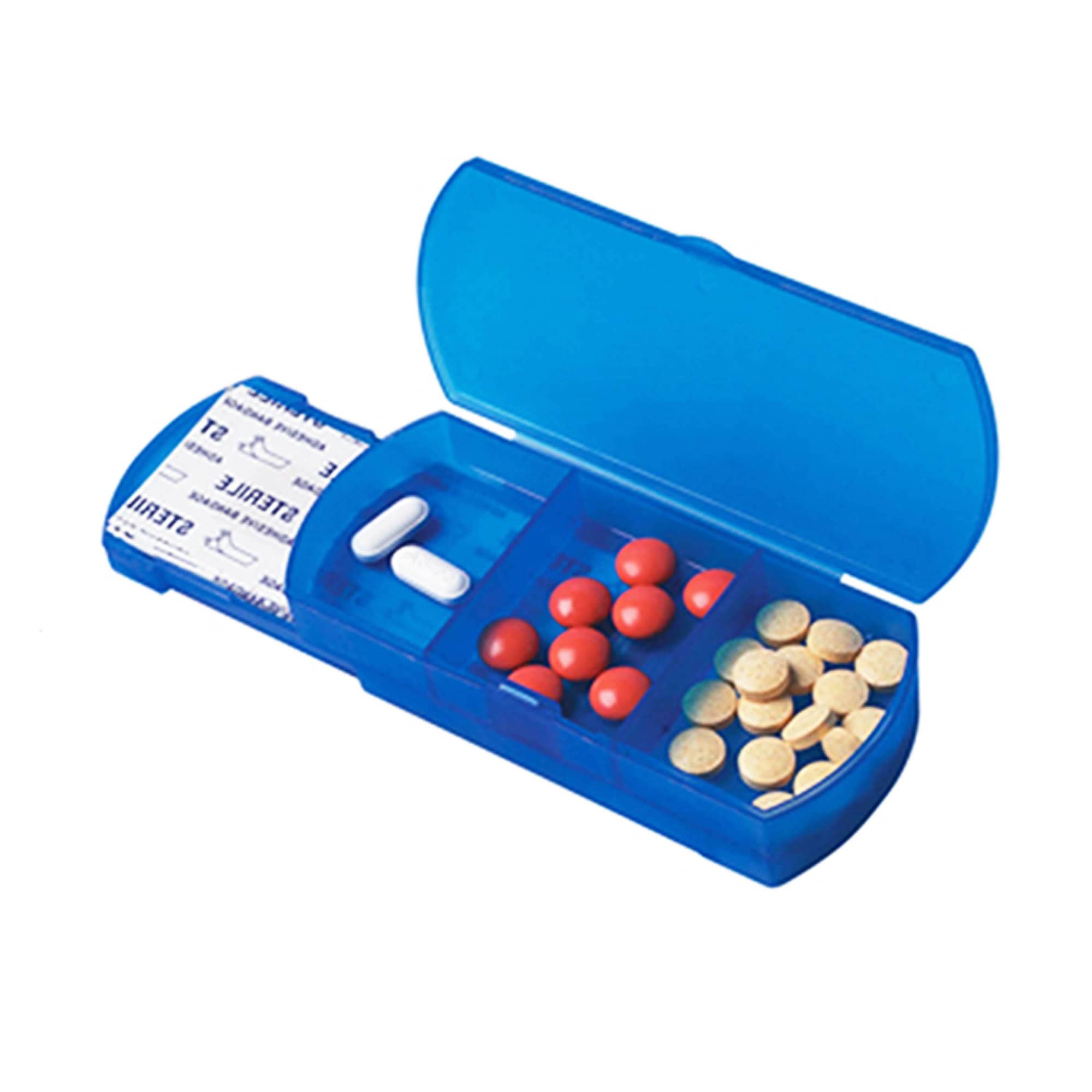 A blue travel pill box containing compartments for various tablets and capsules, with a secure lid and a branding logo. Travel Pill Box - Image 1