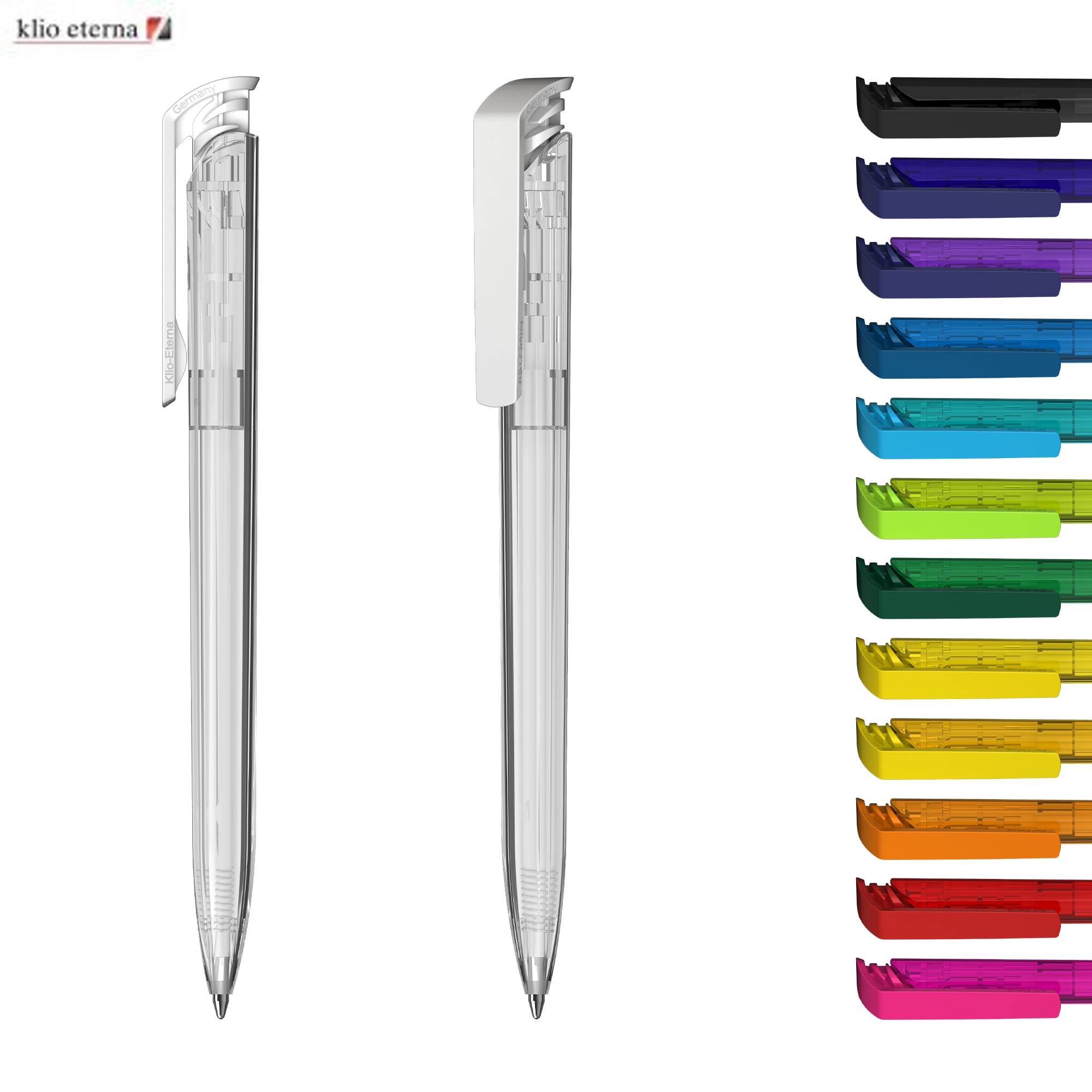 Two transparent plastic pens in white and a variety of vibrant colours, with a visible logo on one pen. Trias Transparent High Gloss - Image 1