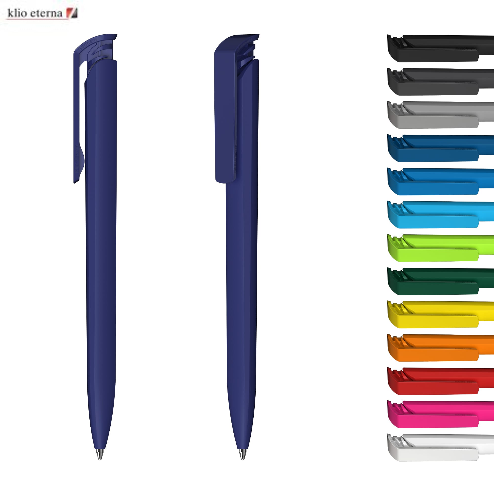 A blue plastic pen with a clip alongside a variety of coloured pens in different shades. Features a logo. Trias Softtouch High Gloss - Image 1